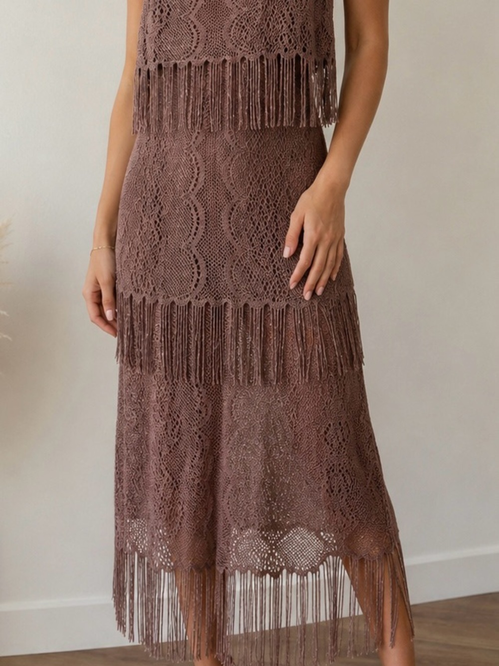 Fringe Crochet Midi Dress in Dusty Mauve